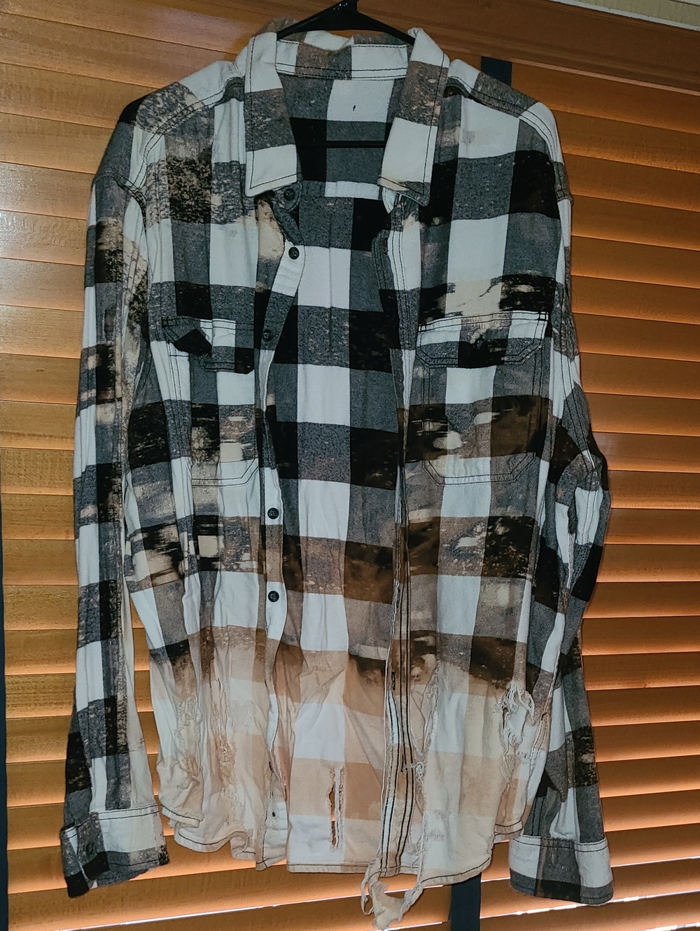 Black and White Buffalo Plaid Button-Down Shirt With Distressing